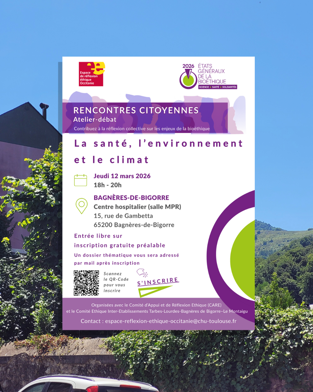 Affiche de la rencontre citoyenne sur la santé, l’environnement et le climat au Centre hospitalier de Bagnères‑de‑Bigorre
